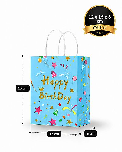 Kağıt Çanta Büklüm Sap 12x15x6 Happy Baskılı 25 Parça Mavi - 2