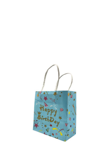 Kağıt Çanta Büklüm Sap 12x15x6 Happy Baskılı 25 Parça Mavi - 1