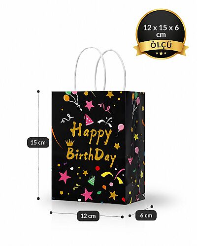 Kağıt Çanta Büklüm Sap 12x15x6 Happy Baskılı 25 Parça Siyah - 2