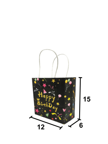 Kağıt Çanta Büklüm Sap 12x15x6 Happy Baskılı 25 Parça Siyah - 2