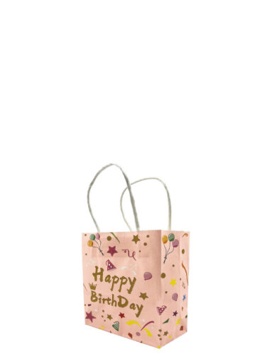 Kağıt Çanta Büklüm Sap 12x15x6 Happy Baskılı 25 Parça Pembe - 1