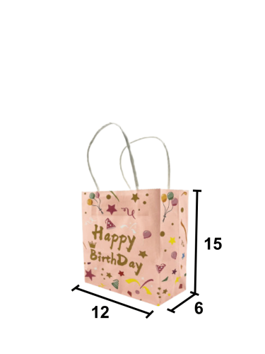 Kağıt Çanta Büklüm Sap 12x15x6 Happy Baskılı 25 Parça Pembe - 2