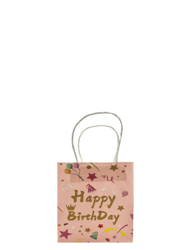 Kağıt Çanta Büklüm Sap 12x15x6 Happy Baskılı 25 Parça Pembe - 3
