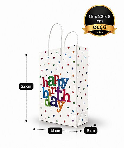 Kağıt Çanta Büklüm Sap 15x22x8 Happy Yıldız Baskılı 25 Parça - 2