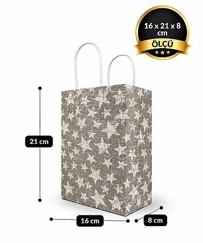 Kağıt Çanta Büklüm Sap 16x21x8 Yıldız 25 Parça Gümüş - 2