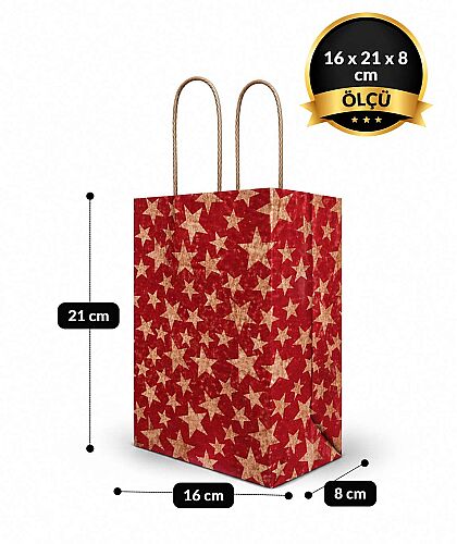 Kağıt Çanta Büklüm Sap 16x21x8 Yıldız 25 Parça Kırmızı - 2