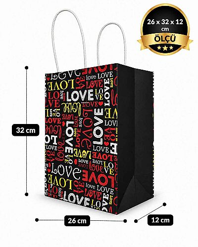 Kağıt Çanta Büklüm Sap 26x32x12 Love Baskılı 25 Parça - 2