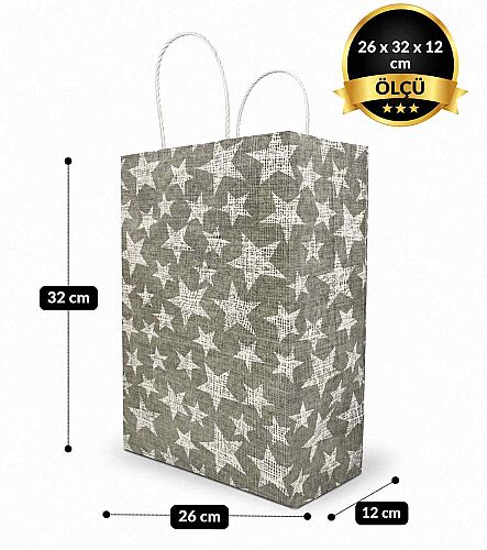 Kağıt Çanta Büklüm Sap 26x32x12 Yıldız 25 Parça Gümüş - 2