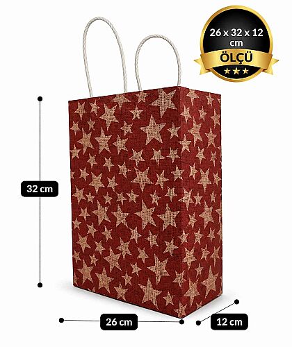 Kağıt Çanta Büklüm Sap 26x32x12 Yıldız 25 Parça Kırmızı - 2