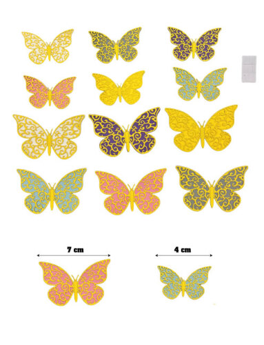 Kağıt Kelebek Dekor Süs 3D 12 Parça Sarı Kenarlı - 