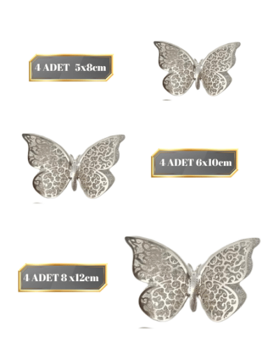Kağıt Kelebek Dekor Süs 3D Simli Varaklı 12 Parça Gümüş - 