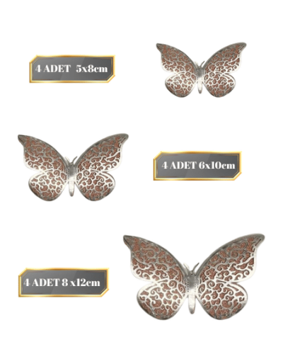 Kağıt Kelebek Dekor Süs 3D Simli Varaklı 12 Parça Rose Gold - 