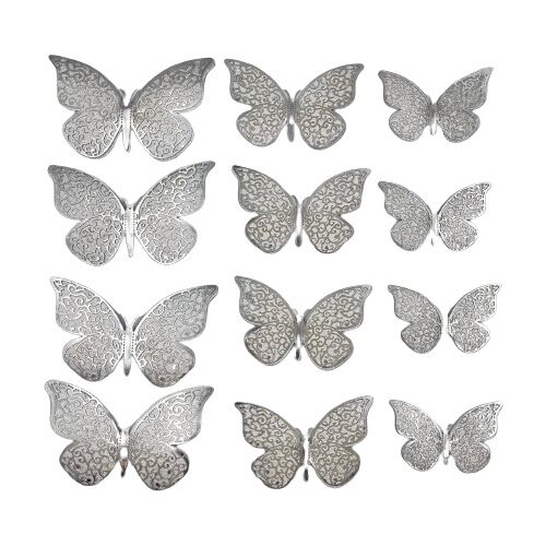 Kağıt Kelebek Dekor Süs Simli Varaklı 3D 12 Parça Gümüş - 
