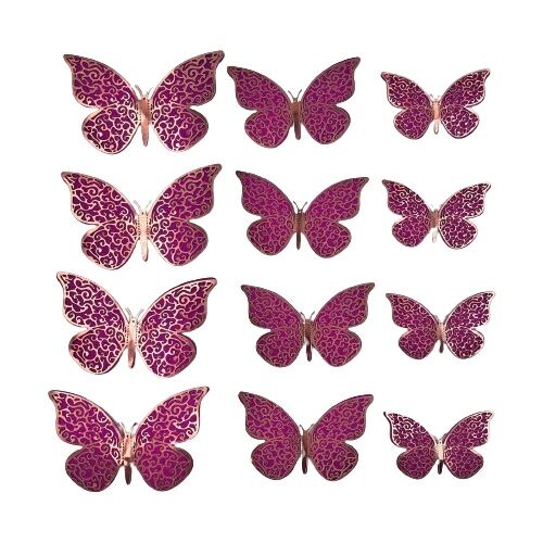 Kağıt Kelebek Dekor Süs Simli Varaklı 3D 12 Parça Fuşya - 