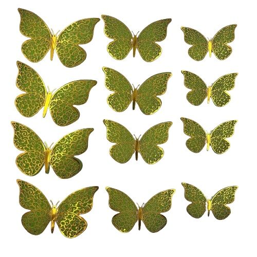 Kağıt Kelebek Dekor Süs Simli Varaklı 3D 12 Parça Yeşil - 