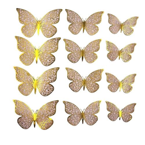 Kağıt Kelebek Dekor Süs Simli Varaklı 3D 12 Parça Pembe - 