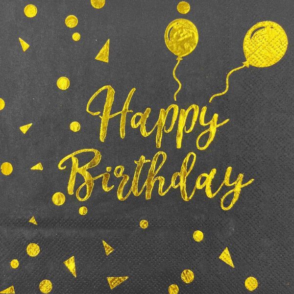 Kağıt Peçete Varak baskılı Happy Birthday Siyah 20 Parça - 1