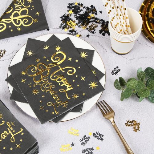Kağıt Peçete Varaklı Happy Birthday Siyah Altın baskılı 20 Parça - 3