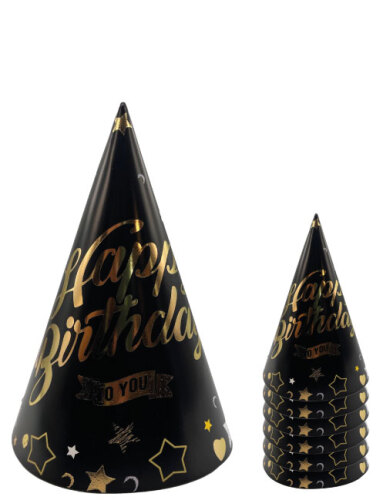 Kağıt Şapka Happy Birthday Temalı Siyah 6 Parça - 