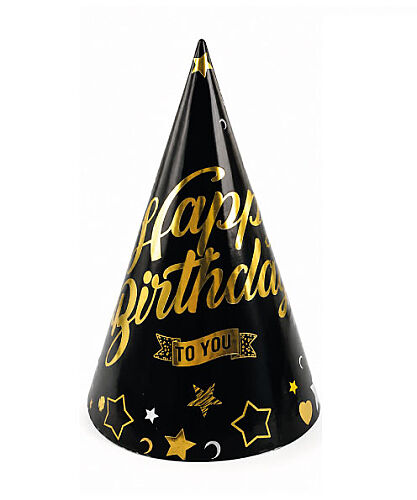 Kağıt Şapka Happy Birthday Temalı Siyah 6 Parça - 