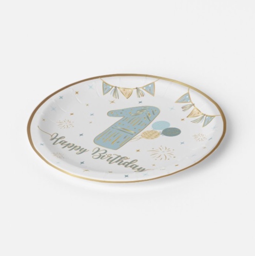 Karton Tabak Gold Varaklı 1 Yaş Mavi 23 cm 6 Parça - 2