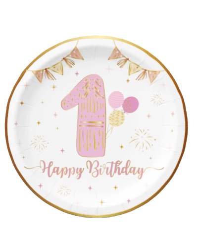 Karton Tabak Gold Varaklı 1 Yaş Pembe 23 cm 6 Parça - 