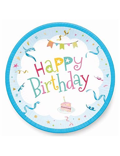 Karton Tabak Happy Birthday Mavi 23 Cm 8 Parça - 