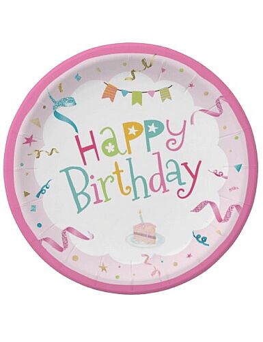 Karton Tabak Happy Birthday Pembe 23 Cm 8 Parça - 