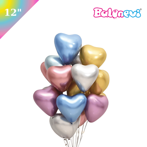 Lateks Krom Parlak Balon Kalp Şekilli Karışık 50 Parça 12 İnç Balonevi - 