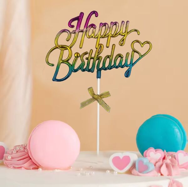 Krom Renk Pasta Üstü Çubuklu Happy Birthday Renkli - 2