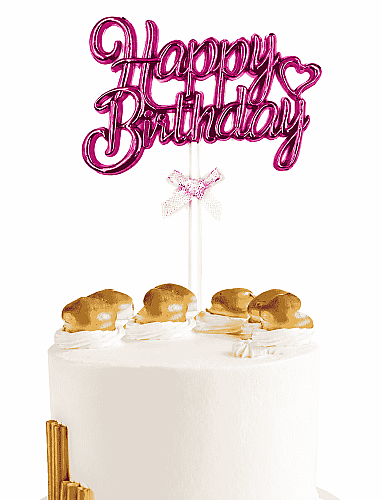Krom Renk Pasta Üzeri Çubuklu Happy Birthday Kürdan Fuşya - 