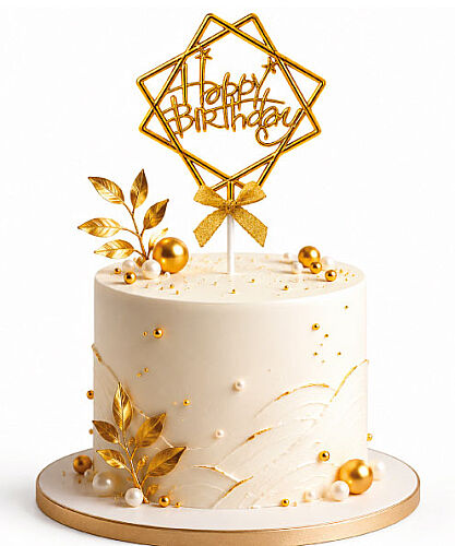 Krom Renk Pasta Üzeri Happy Birthday Çerçeveli Altın - 