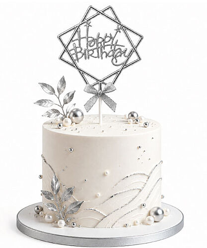  Krom Renk Pasta Üzeri Happy Birthday Çerçeveli Gümüş - 