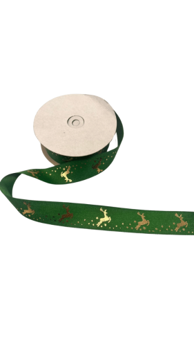 Kurdele Yılbaşı Geyik Varak Baskılı Yeşil 2.5 cm 20 Metre - 1