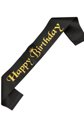 Kuşak Saten Happy Birthday Siyah Üzeri Altın Baskılı - 
