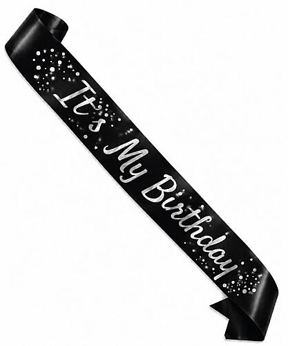  Kuşak Saten Varaklı İts My Birthday Siyah Üzeri Gümüş Baskılı - 