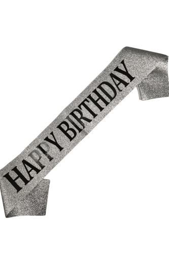 Kuşak Simli Happy Birthday Gümüş Üzeri Siyah - 