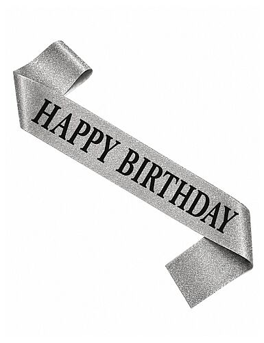 Kuşak Simli Happy Birthday Gümüş Üzeri Siyah - 
