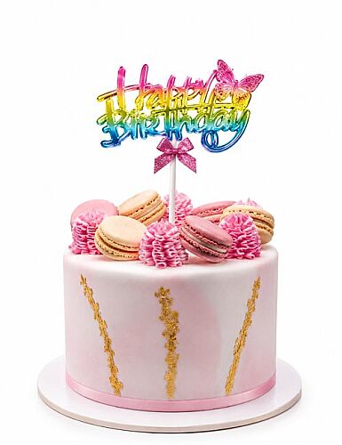 Makaron Renk Pasta Üstü Çubuklu Happy Birthday Renkli Kelebekli - 