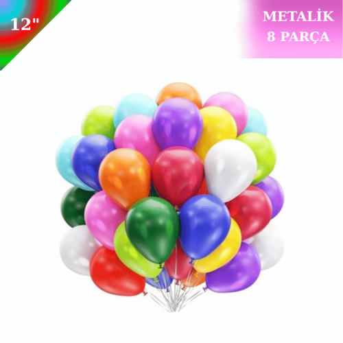 Metalik Lateks Balon 12 İnç 8 Parça Karışık - 