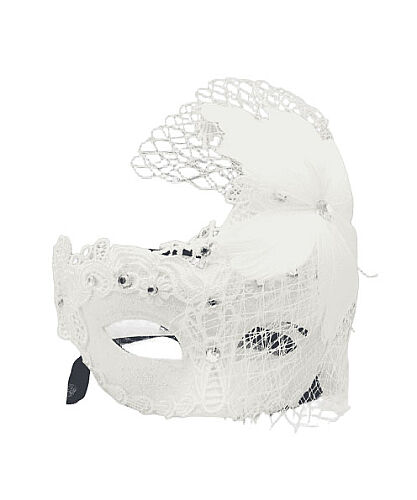 Maske Plastik Dantelli Taşlı Çiçekli Lüks Beyaz - 