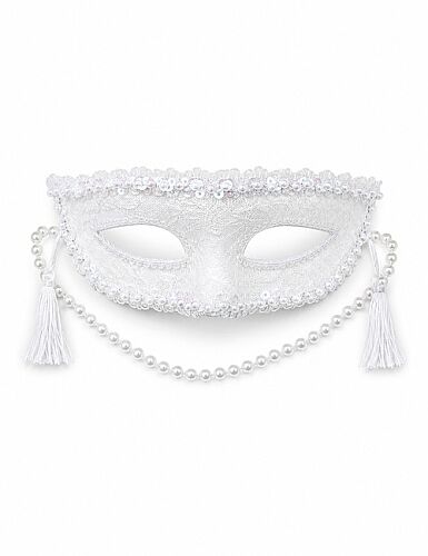 Maske Plastik İncili İşlemeli Dantelli Püsküllü Beyaz - 