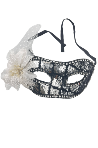 Maske Plastik Pullu Çiçekli Lüks Gümüş - 1