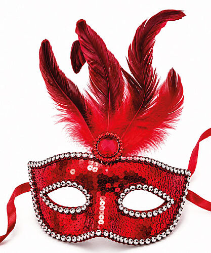 Maske Plastik Tüylü Taşlı Pullu Model Kırmızı - 