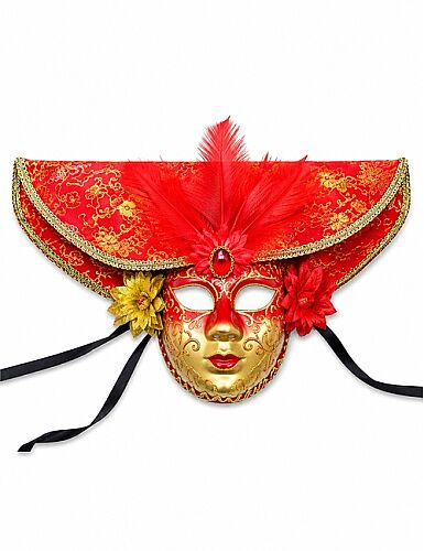 Maske Venedik Çiçekli Türlü Lüks Şapkalı Kırmızı - 