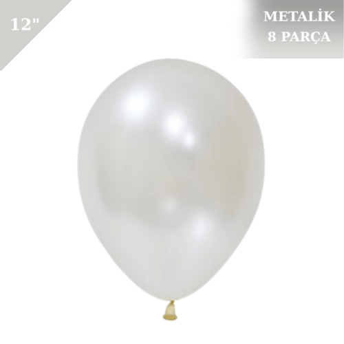 Metalik Lateks Balon 12 İnç 8 Parça Beyaz - 