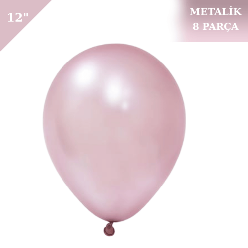 Metalik Lateks Balon 12 İnç 8 Parça Gül Kurusu - 