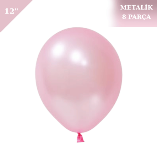 Metalik Lateks Balon 12 İnç 8 Parça Pembe - 