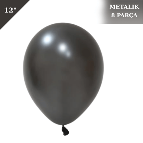 Metalik Lateks Balon 12 İnç 8 Parça Siyah - 1