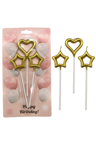 Mum Çubuklu Kalp Yıldız Metalik Altın Set 3 Parça - 